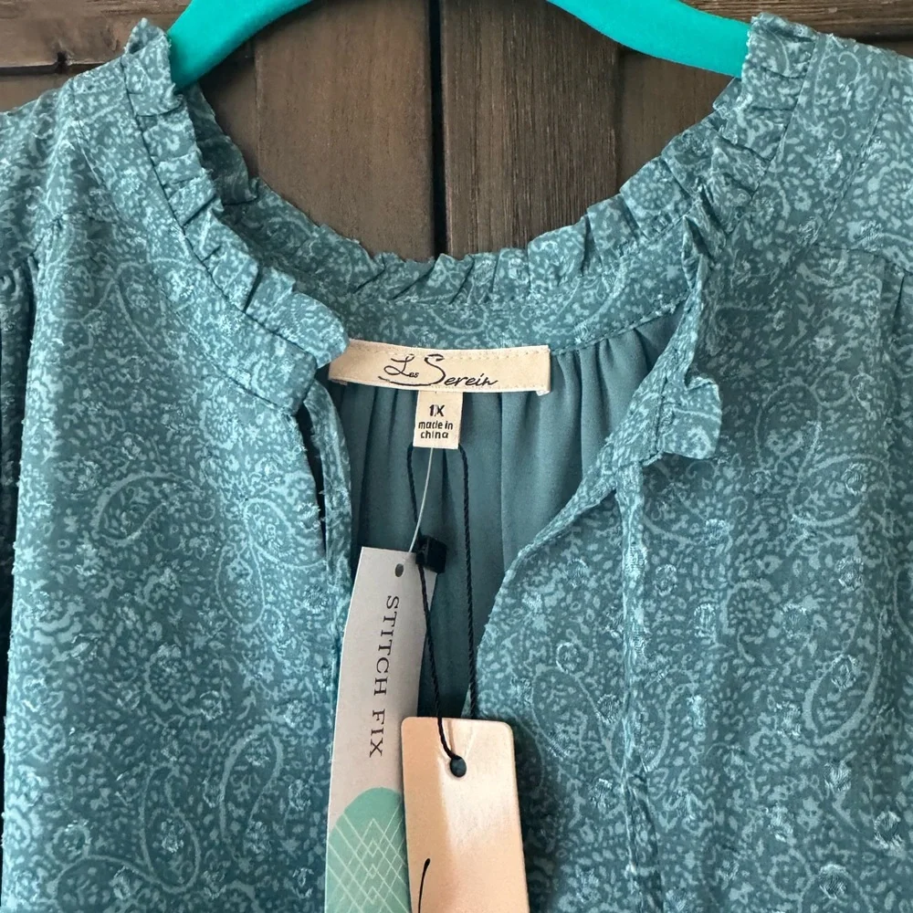 Teal Flutter Sleeve Ruffled Blouse and Tie Front - Picture 5 of 8